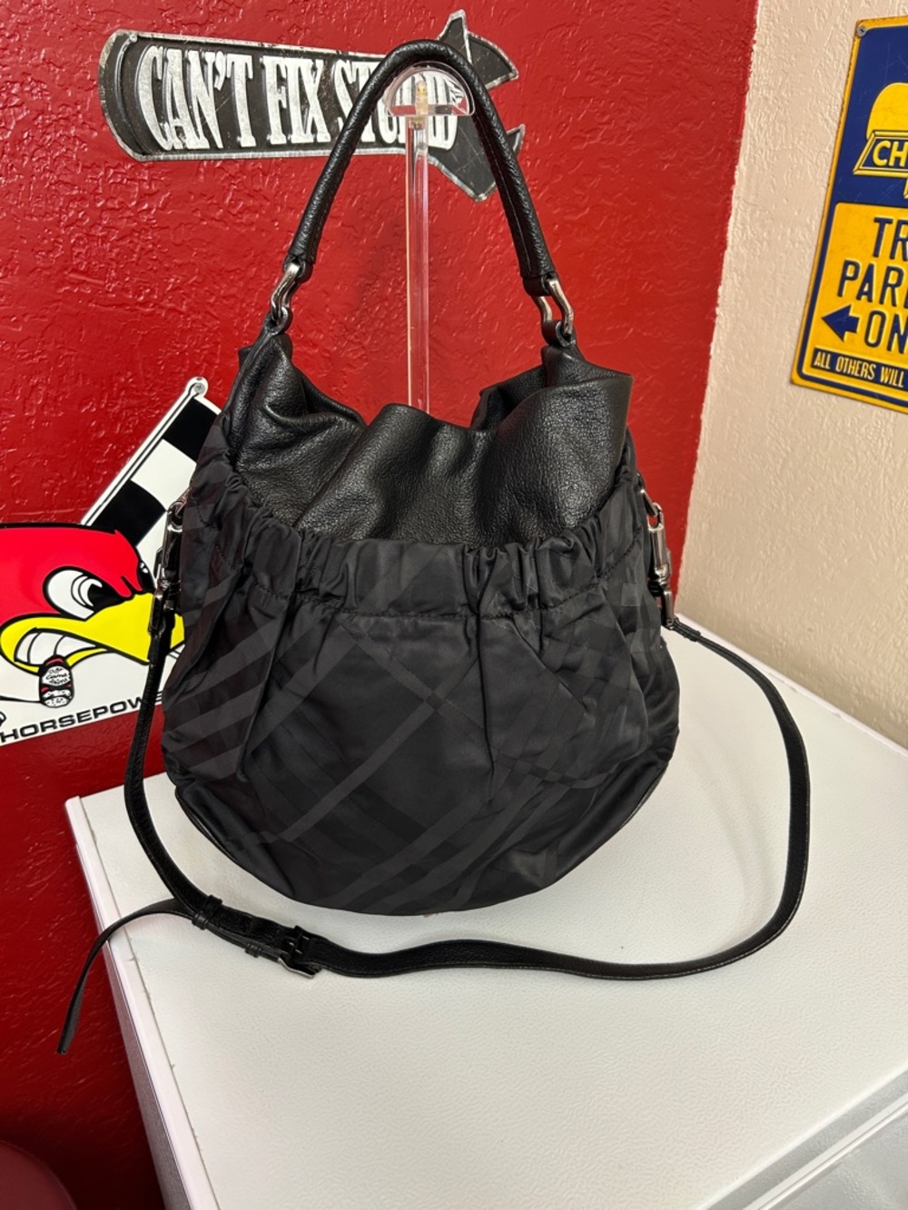 Burberry Black Ruched Drawstring Hobo Bag - Picture 7 of 13